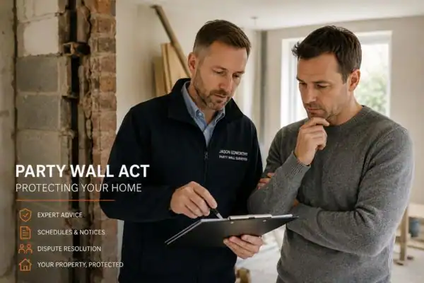 Party wall surveyor Southwark discussing extension plans with homeowner outside a UK semi-detached house.